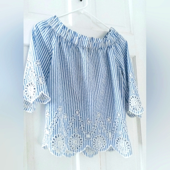 Style Envy Tops - Cotton Top White Blue Stripes with Lovely Eyelet Details 🌊 100% Cotton